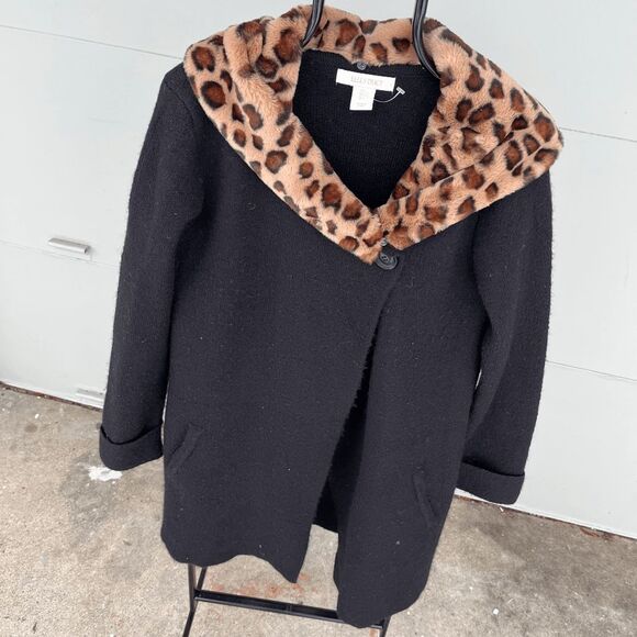 Ellen Tracy Wool-Blend Duster Coat Removable Faux Fur Leopard Collar SZ L - Picture 6 of 8